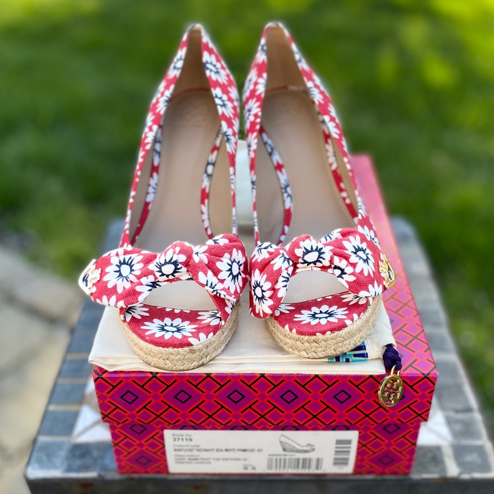 Tory Burch Red Floral Wedge Espadrilles